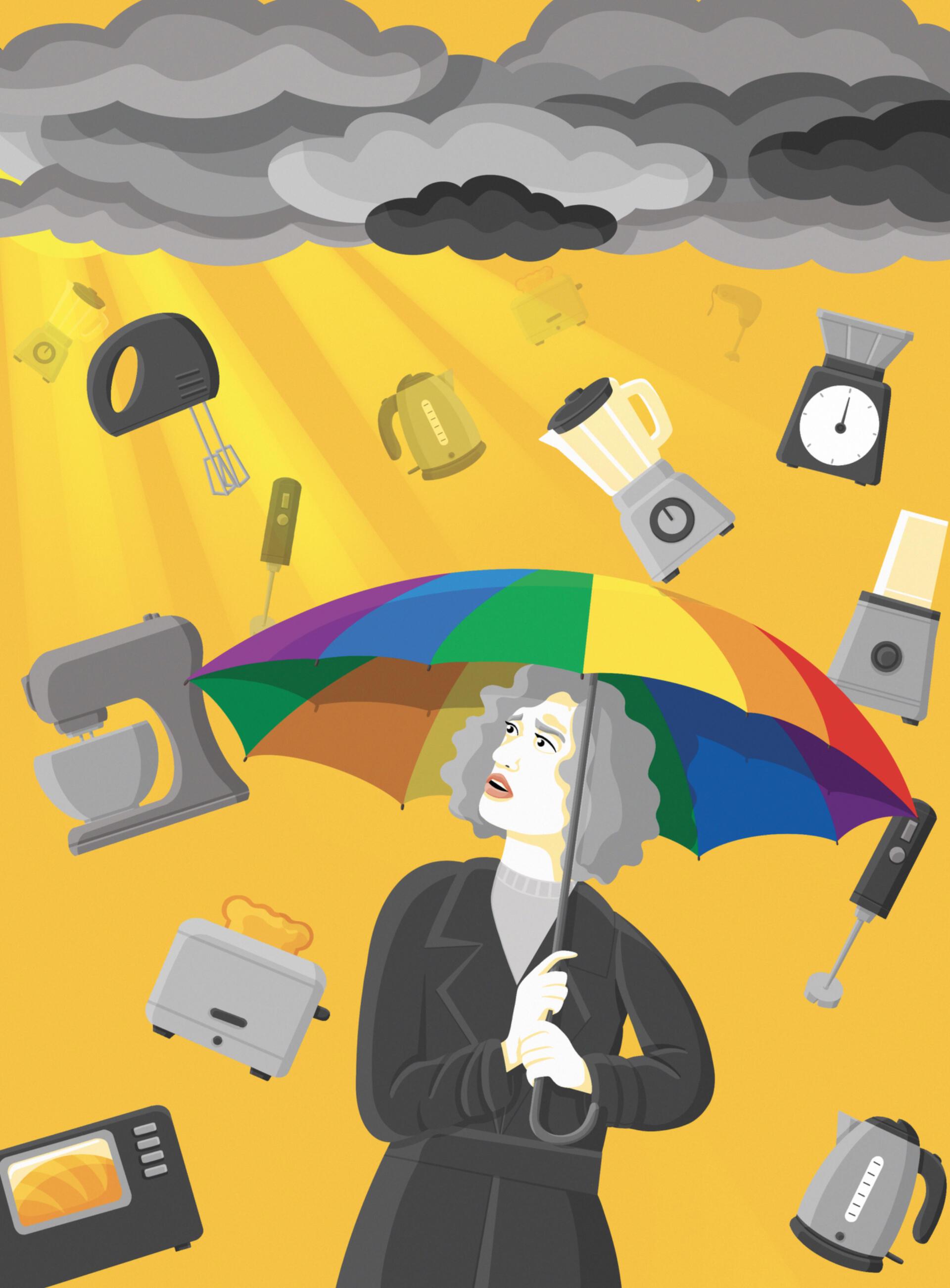 A middle-aged woman with curly auburn hair is holding a rainbow umbrella. She's looking up, worried, at storm clouds above and appliances raining down. Behind her is the bright yellow of sunrise.