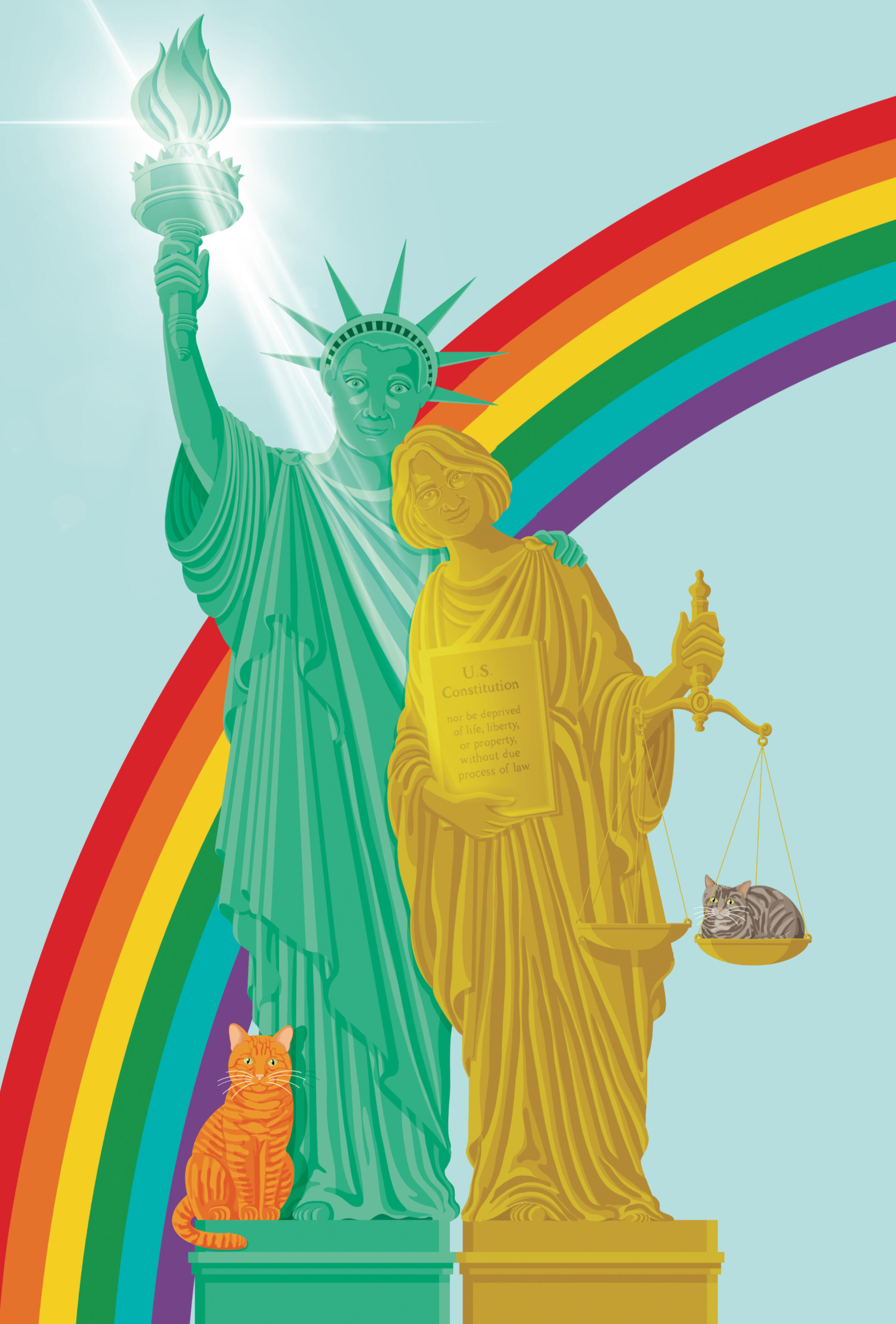 Zuzu and family Lady Justice and the Statue of Liberty. Justice is holding the due process clause of the US constitution and a set of scales, with a tabby kitty balanced on one scale. At Liberty's feet, there's an orange kitty.