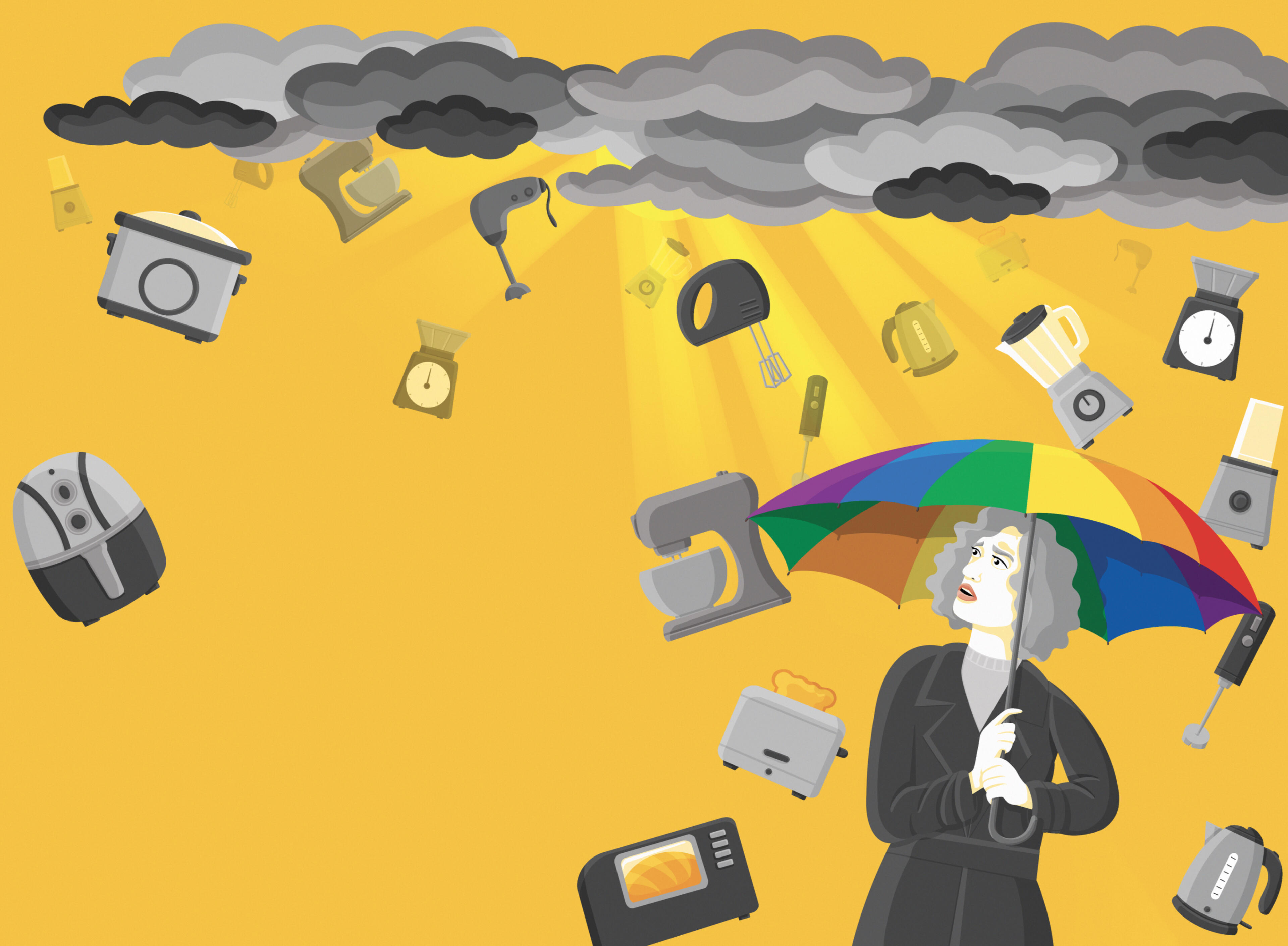 Author, Human A middle aged woman stands under a rainbow umbrella while kitchen appliances rain down on her. Clouds are above. The sunrise is behind her.